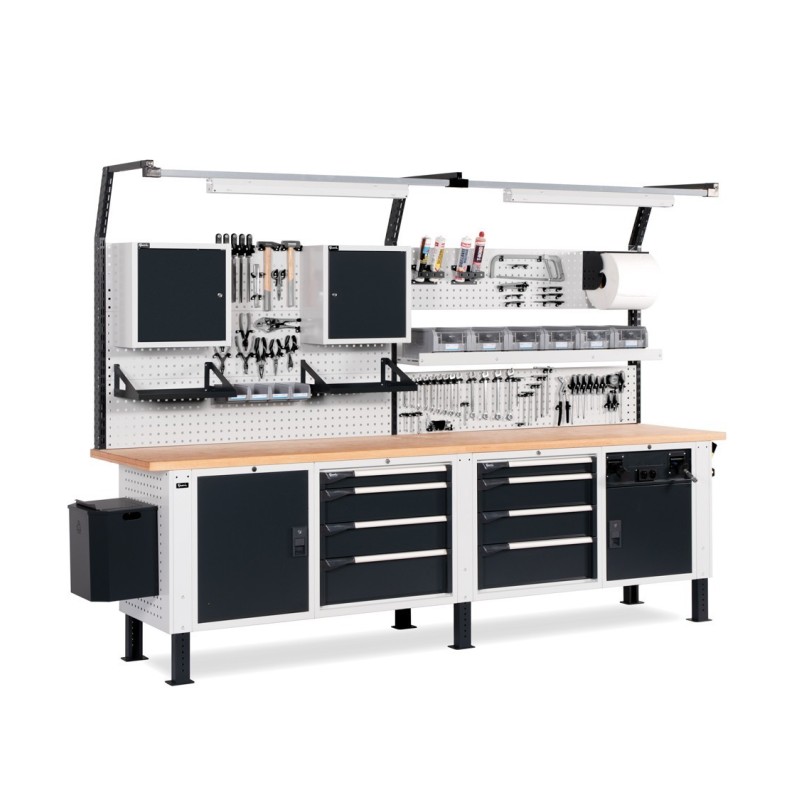 Banc de lucru profesional 3000 mm, cu panouri perforate și dulapuri...